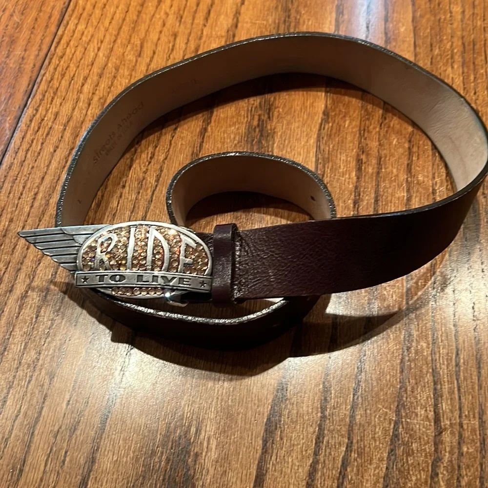Streets Ahead Brown Leather Notch Belt With Rhinestone Buckle Size L - Picture 3 of 8